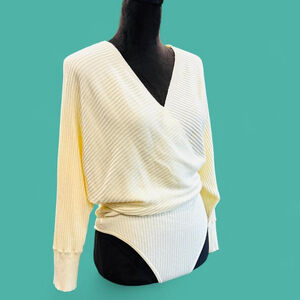 Fairy Coquette Mod Ribbed Knit Deep V-Neck Sweater Bodysuit Pink Lily Medium